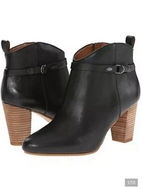 Lucky Brand 8.5 Black Tan Mabina Zip Side Buckle Leather Ankle Heel Boots
